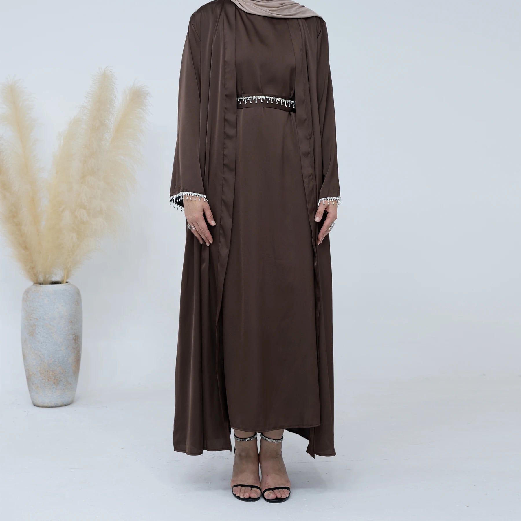 Ramadan Loriya Womens Clothing Luxury Abaya Manufacturer Islamic Clothing Cardigan Abaya and Inner Dress Set With Diamond Chain