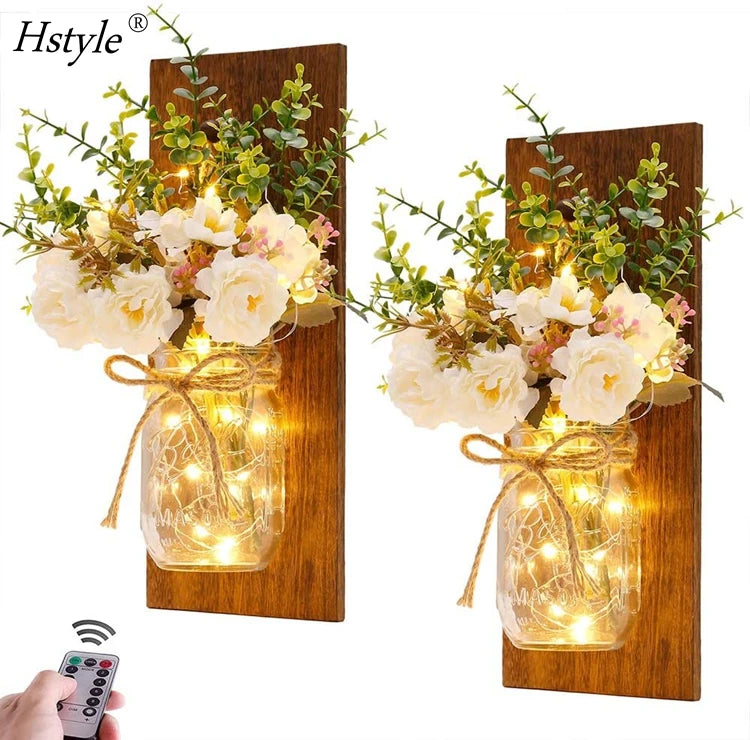 Jar Sconces Handmade Wall Art Hanging Design with Remote Control LED Fairy Lights White Peony Decorative Flowers and Plants
