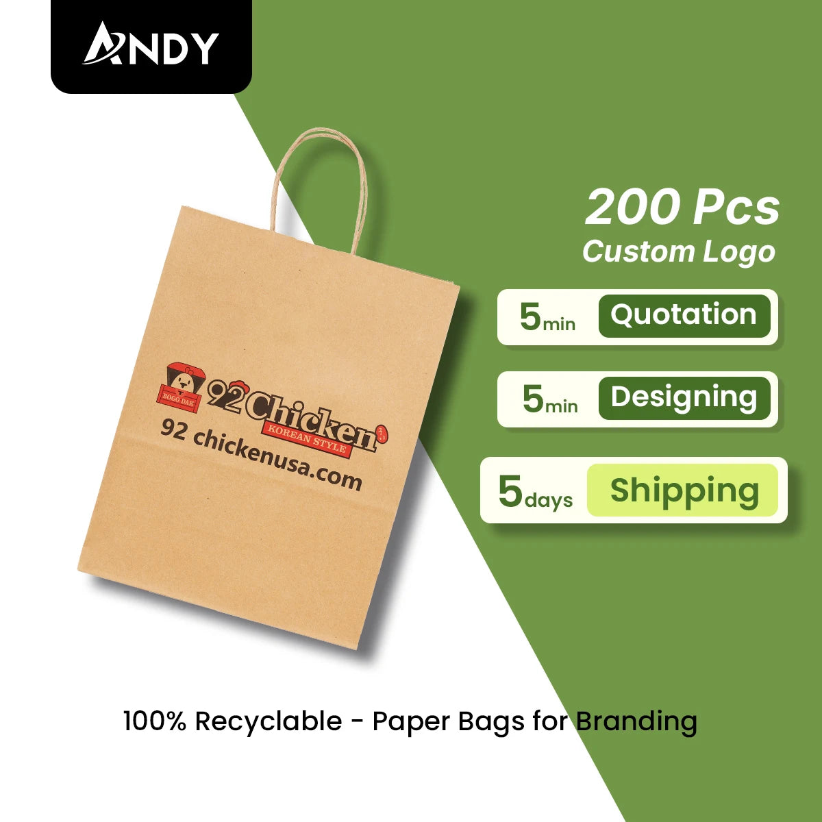 China's New Arrival Custom White Kraft Paper Bag Classic Style 8*4.75*10.5 for Food Takeaway Shopping with Own Logo Printed