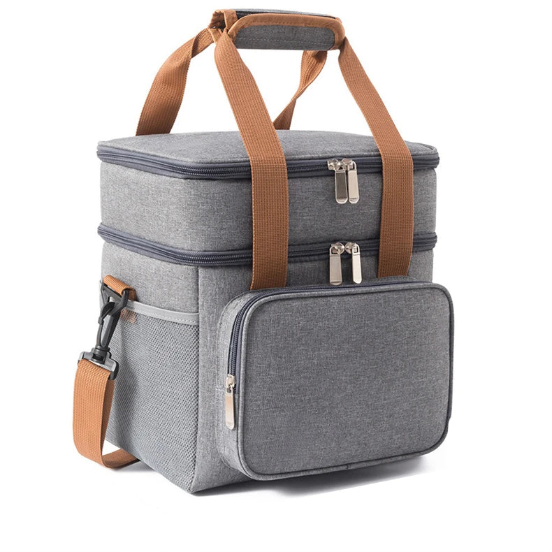 Foldable Double-deck Thermal Bag for Picnics Large Portable Handled Lunch Box Waterproof Thermal Lunch Tote Insulated Cooler Bag