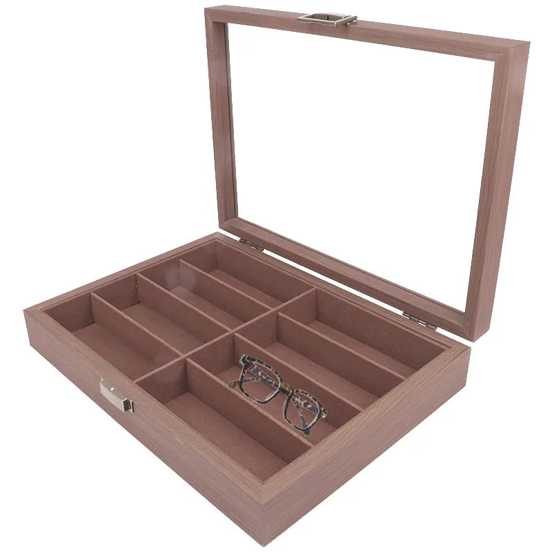 Custom Luxury Walnut Wood Grain 8 Slots Handmade Sunglasses Eyeglasses Organizer Storage Packaging Case
