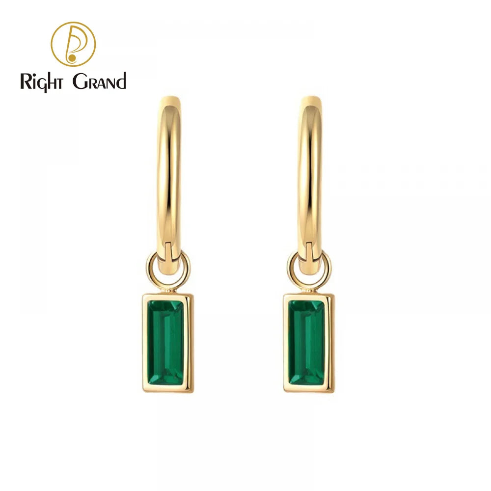 Emerald Zircon Earrings Rectangular Pendant Stainless Steel Earrings 14K Gold Simple Pendant Earrings for Women
