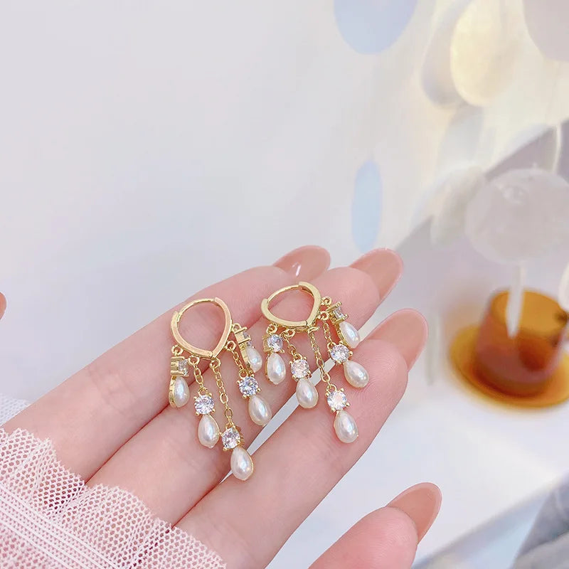 Minimalist Long Tassel Earrings Hanging Drop Pearl Earrings Brass Zircon Earrings for Women Gold Trendy Opp Bag Zhejiang 6cm