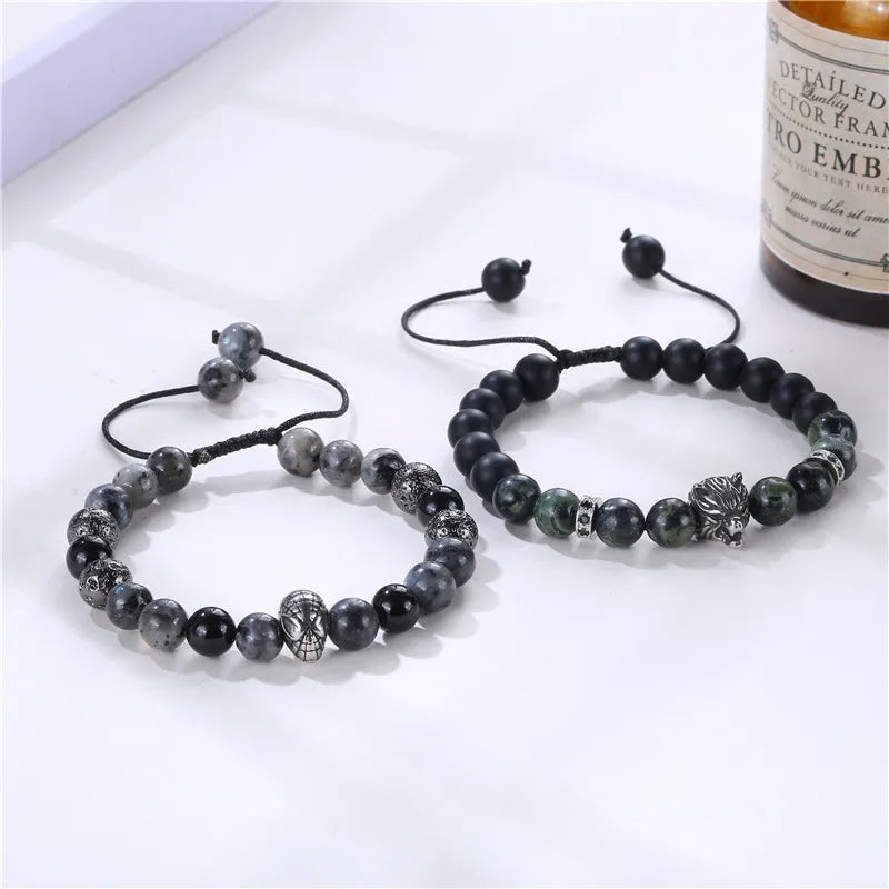 Luxury Adjustable String Men Custom Bracelet Stainless Steel Handmade Fashion Natural Moon Stone Bracelet with Leopard Head