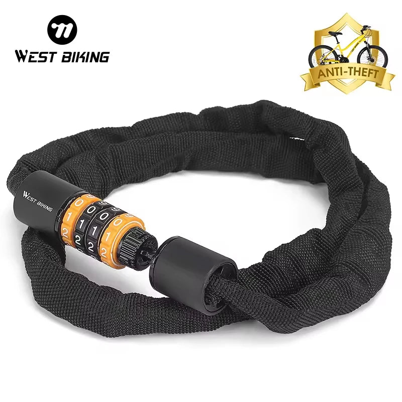 WEST BIKING 4mm Tihcken Steel Digit Code Anti-Theft Bicycle Lock Zinc Alloy Anti-theft Keyless Bicycle Motorcycle Chain Lock