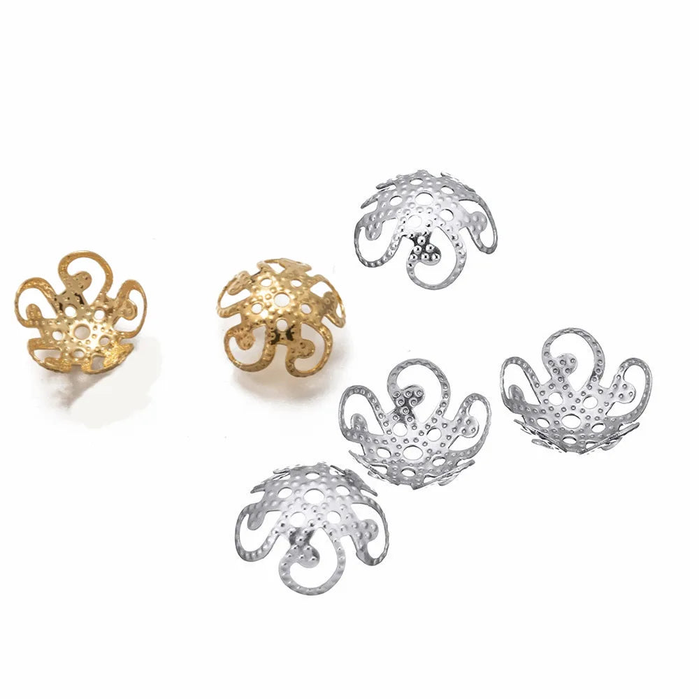 Hollow Flower 5-Petal Golden 304 Stainless Steel Bead Cap Cone SPacer Beads