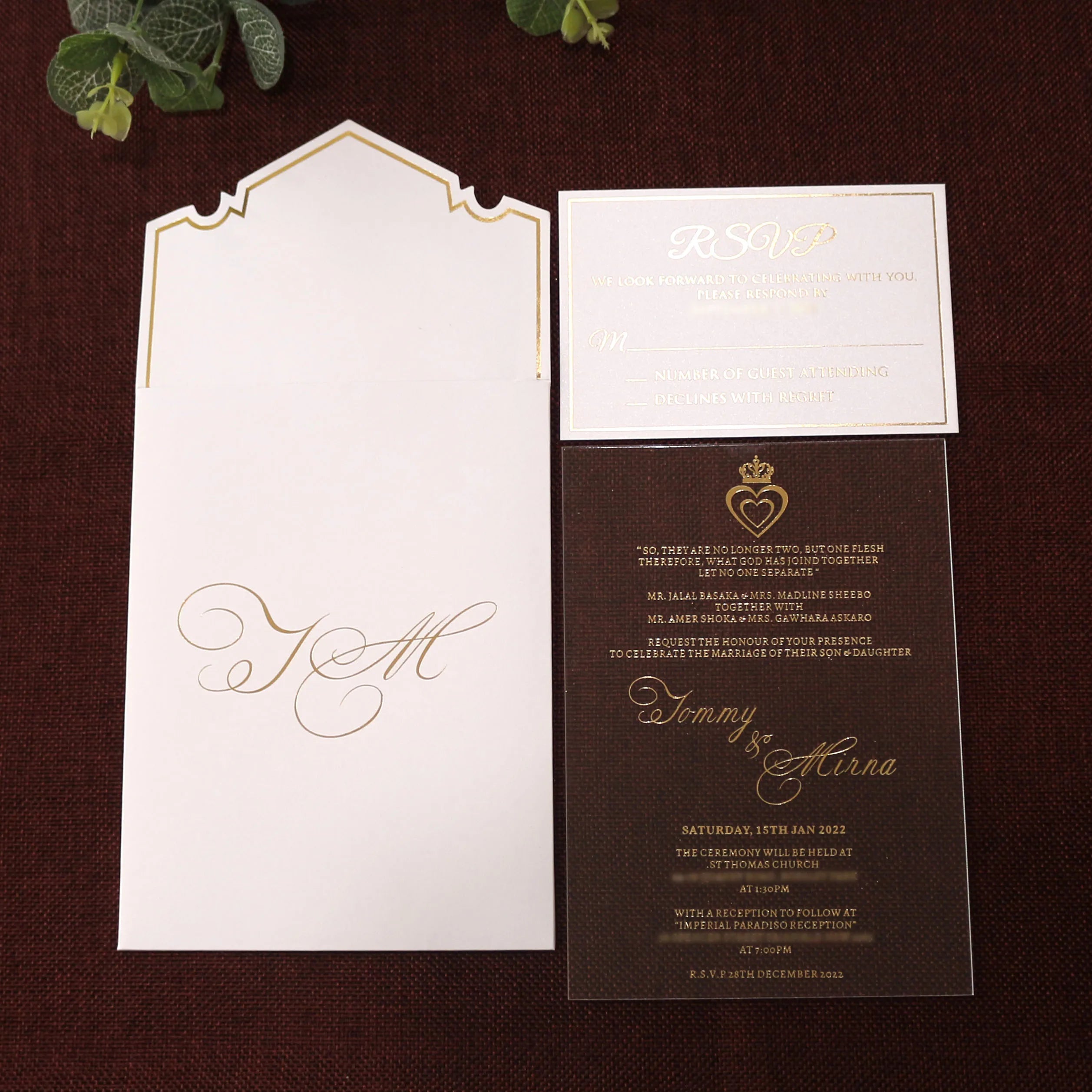 Elegant Australian Custom Gold Foil Clear Acrylic Wedding Invitation with Big Buckle Envelope RSVP