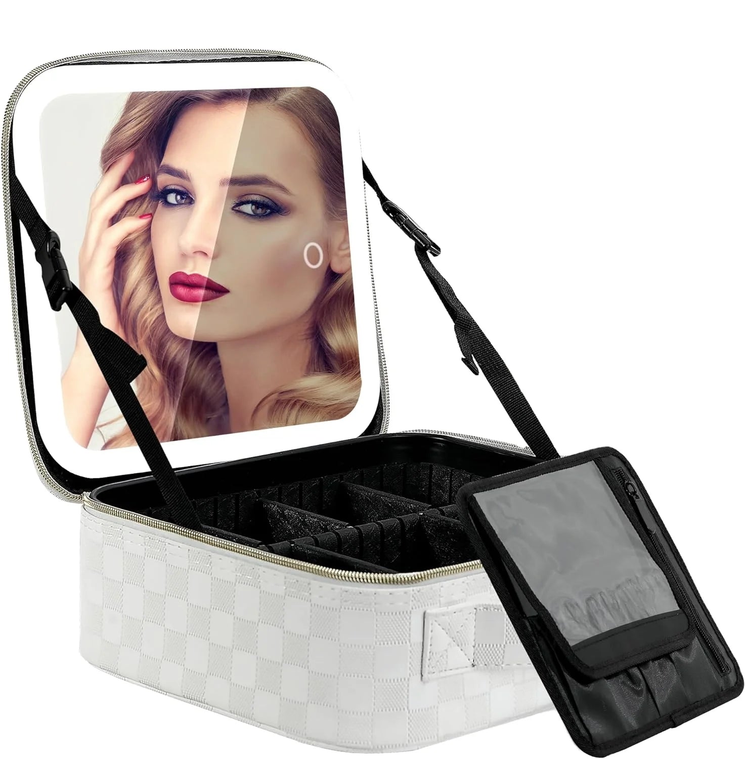 Adjustable Brightness Light-Up Detachable Mirror 3 Color Scenarios Geometric Pattern Style Makeup Bag with Cover Made of Nylon