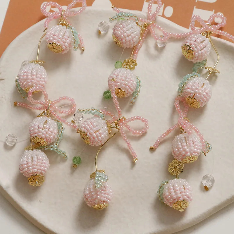 Dainty 35*55mm Seed Beaded Dangle Handmade Colorful Gradient Pink Bowknot Peach Pendant for DIY Earring Bag Jewelry Accessories