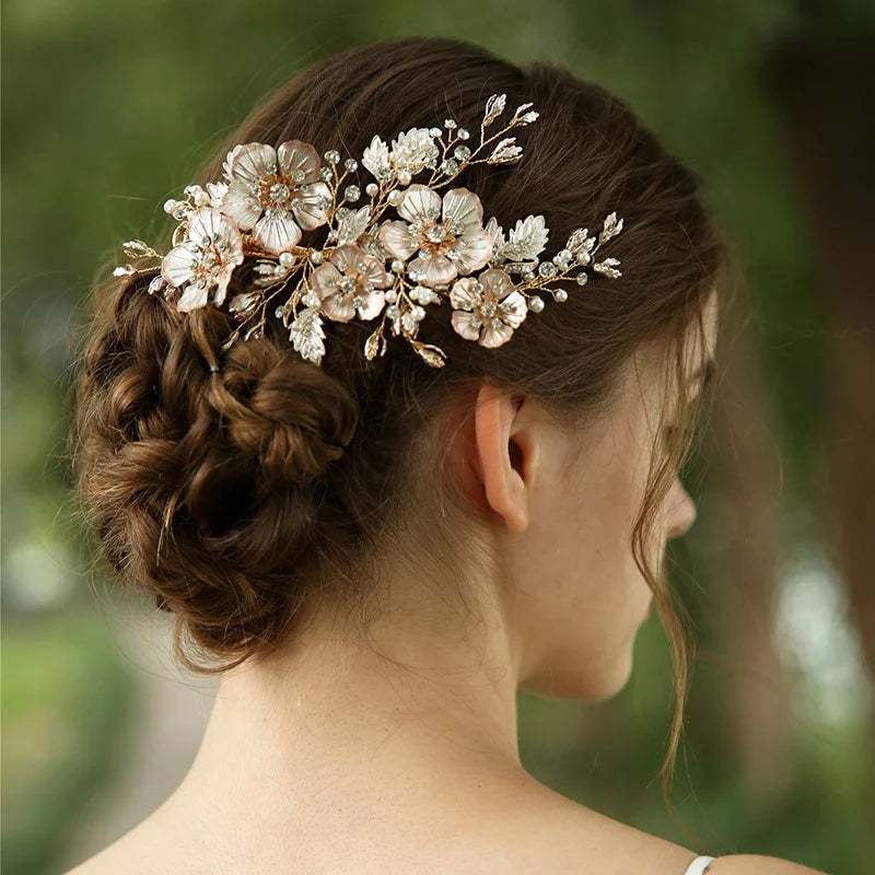 Handmade Rhinestones Flower Leaf Wedding Hair Clip Barrette Bridal Headpiece Hair Accessory Jewelry for Women