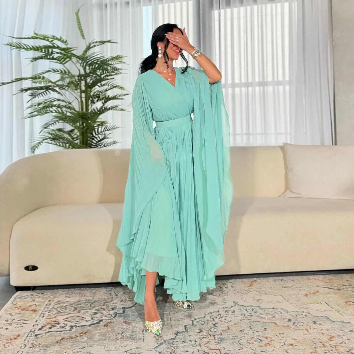 MQ157 High-Quality Chiffon Dresses Women Casual Muslim Elegant V-neck A-Line Pleated Kaftan Dresses Long Muslim Women Dress