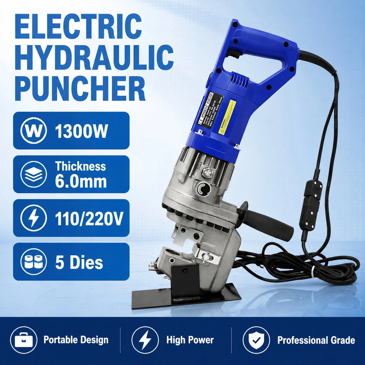Glam MHP-20 1300W Electric Hydraulic Punching Machine Steel/Copper/Aluminum 5 Dies 6.5/9/13/17/20.5mm Plate Hole Puncher
