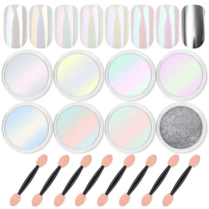 Nail Powder Magic White Pearl Kit Mirror Effect Silver Metallic Holographic Dip Nail Powder for Resin Craft & Nail Art