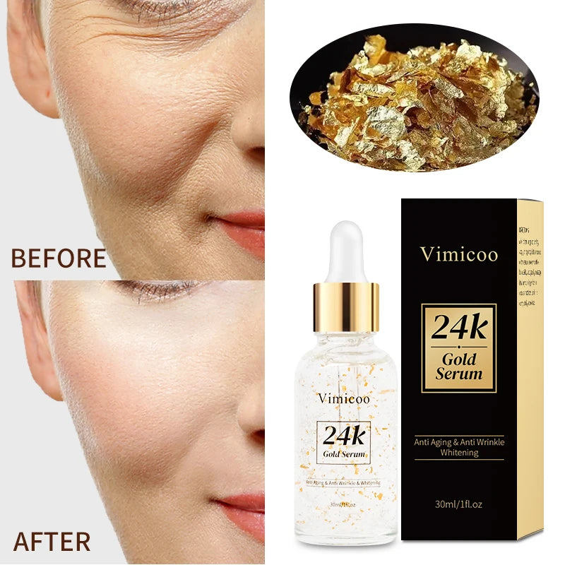 OEM ODM 24K Gold Serum Face Skin Care Organic Moisturizing Anti Wrinkle Firming Ginseng Extract Gold Foil 24K Facial Face Serum