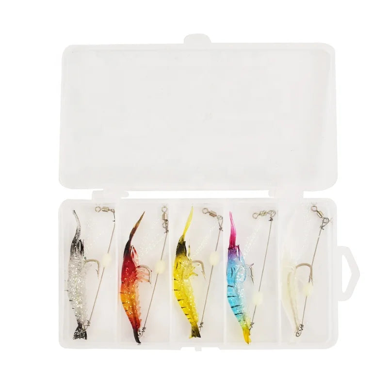 5.7g 4.8cm 5pcs 17.5*9.2*3cm Artificial Bait Luminous Soft Bait with Hook Prawn Fishing Bait Shrimp Lure Soft Plastic Lure Set