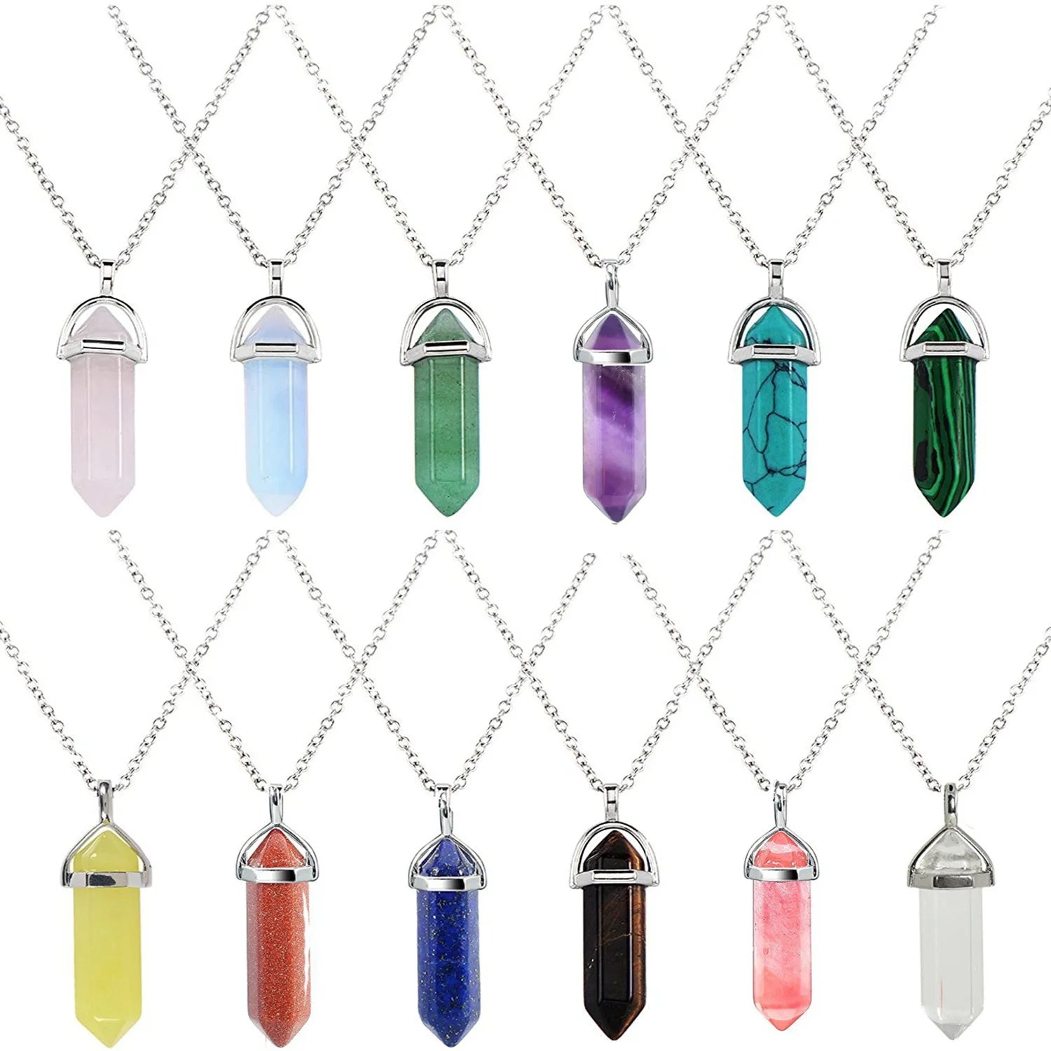 Natural Stone Hexagonal Point Pendants Necklace Healing Crystal Quartz Fluorite Lapis Bullet Pendulum Chakra Jewelry Wholesale