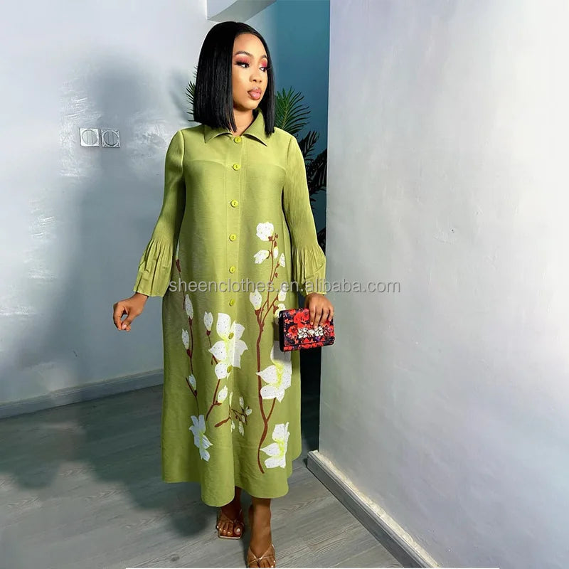Latest Designs Free Size Long Sleeve Pleated Abaya Muslim Shirt Dresses Women Green African Print Dresses for Women Clothing