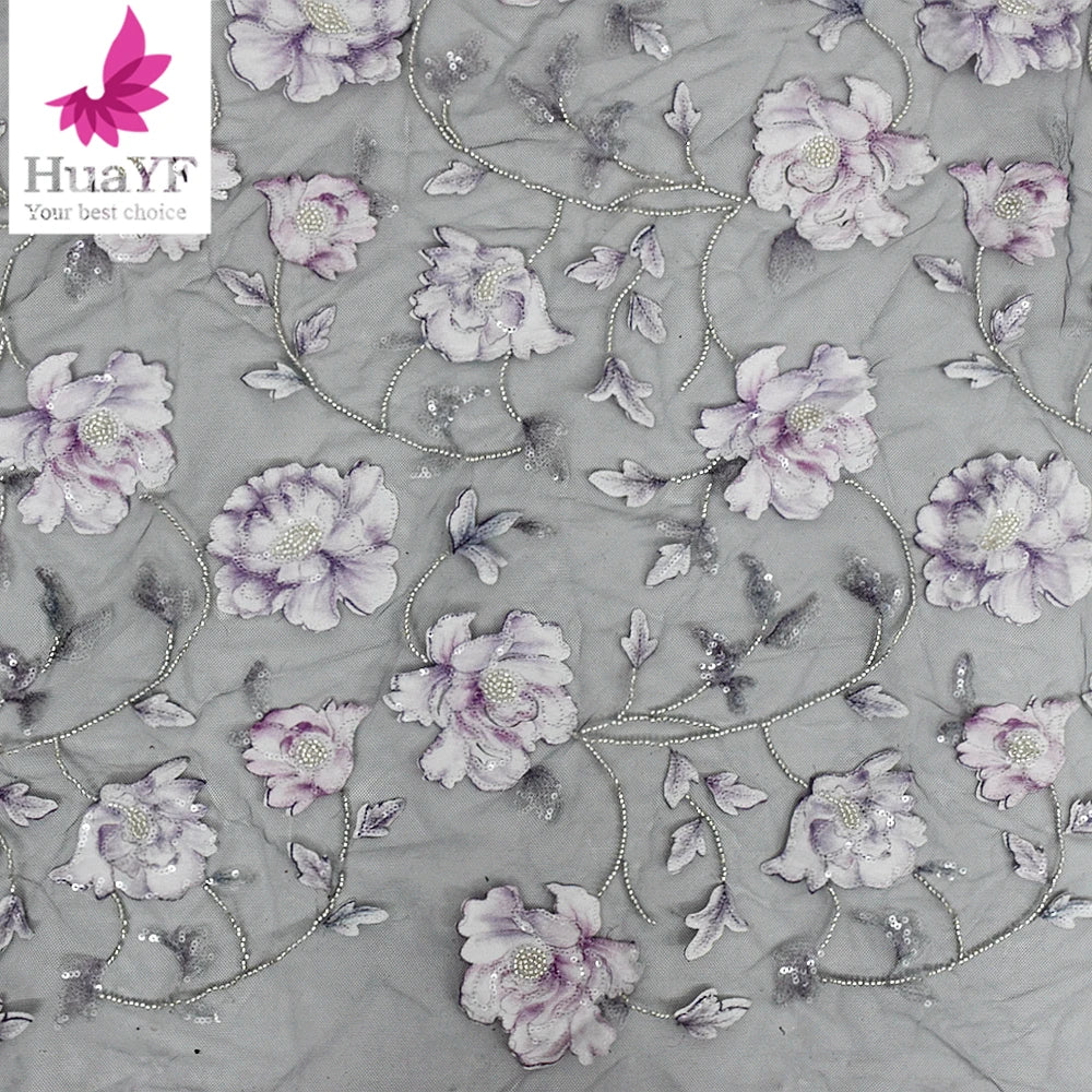 HY2730-4 New Design 3d Floral Fabric Wedding Bridal Tulle Embroidery Beaded Fabric
