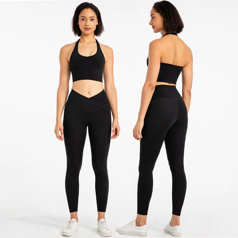 14 Candy Colors Women Active Wear 2 Piece Fitness Set Halter Neck Sports Bra & Yoga Leggings Short & Long Sleeve Options