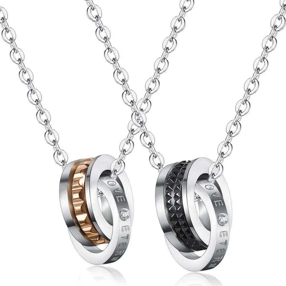 DAIHE Fashion Stainless Steel Lovers Jewelry Chain Pendants Double Necklaces for Valentine's Gift Couple Ring Necklace
