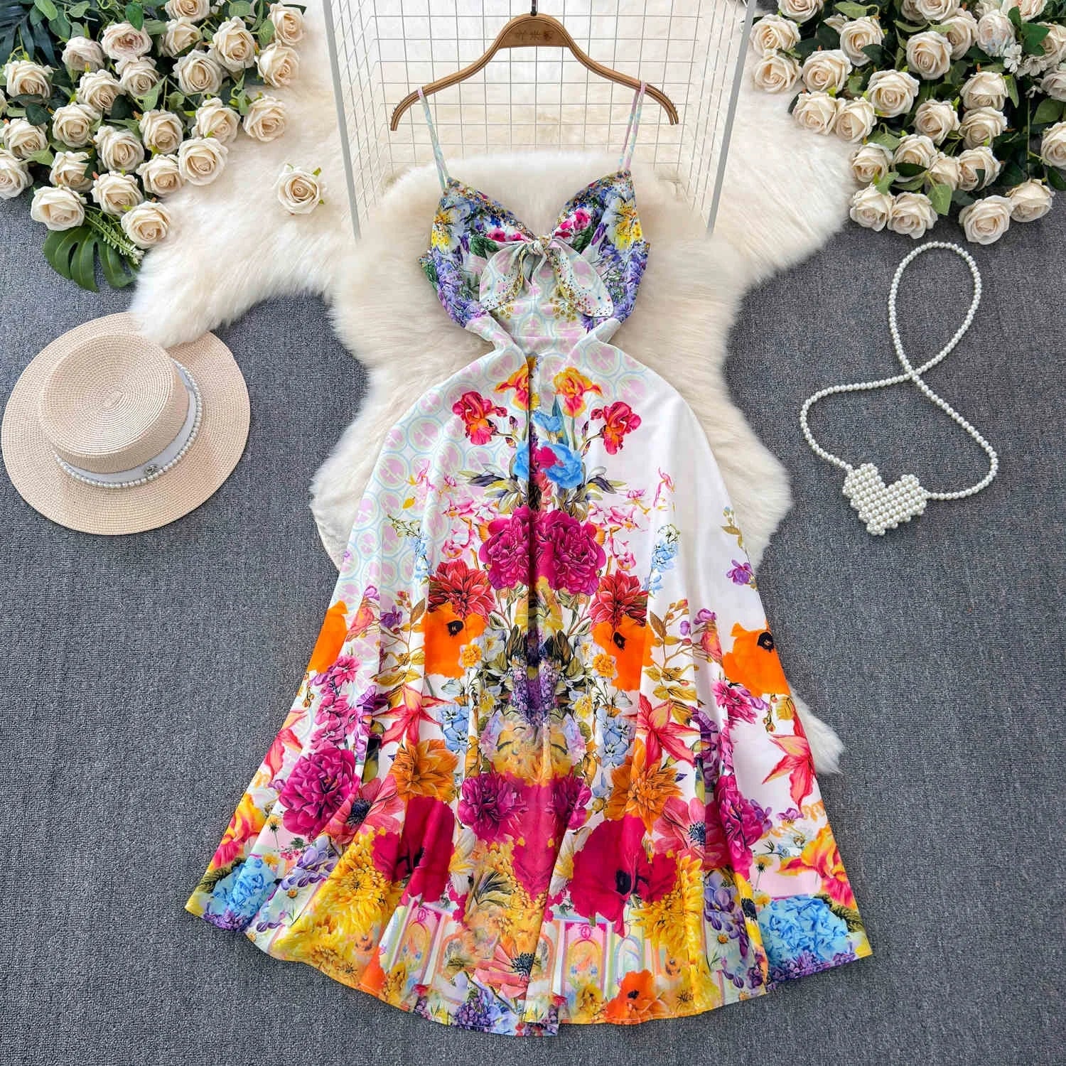 Korean Chic Floral Print Sleeveless Slim Waist Knee-length Dress Ladies Summer Dresses