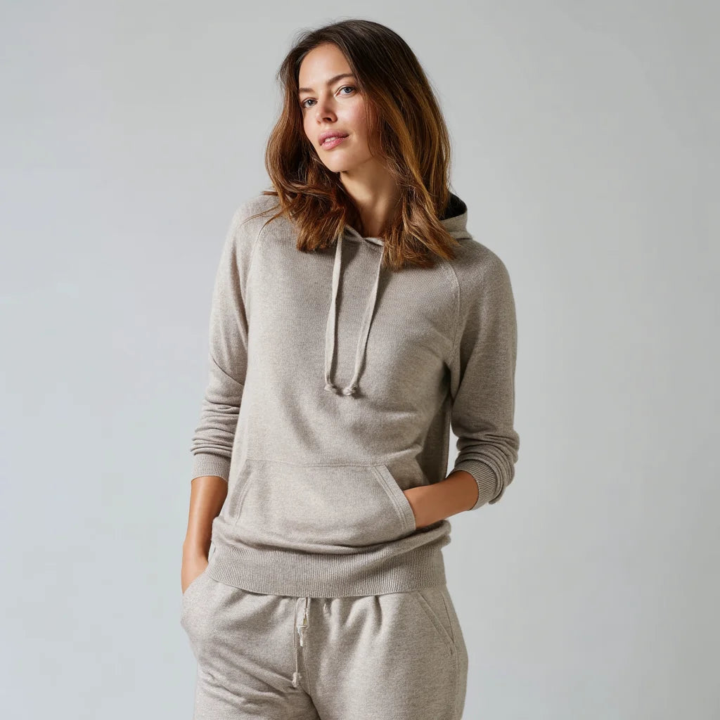 Ladies' Soft Cashmere-Cotton Blend Hoodie Breathable Knit Cardigan with Front Pocket Casual Print XS Size for Winter and Summer