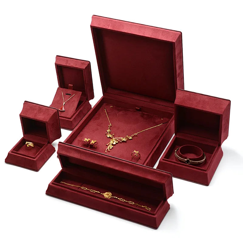 Custom Logo Printed Red Green PU Leather Luxury Earring Ring Bracelet Necklace Packaging Set Jewelry Box