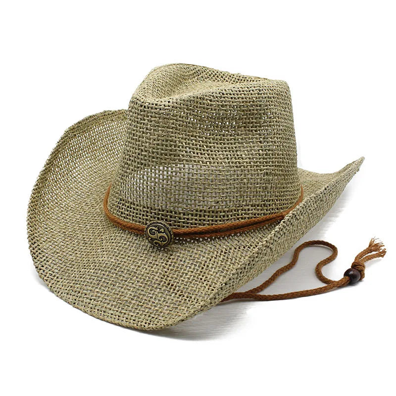 Salty Grass Hand Woven Western Cowboy Wide Straw Hat Outdoor Seaside Beach Hat Sunscreen Men Womens Sun Straw Hats Hawaii