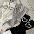 Autumn Luxury Glitter Diamond Hollow Heart Mid-Tube Cotton Socks for Women Breathable Daily Use Knitted Stockings Spring
