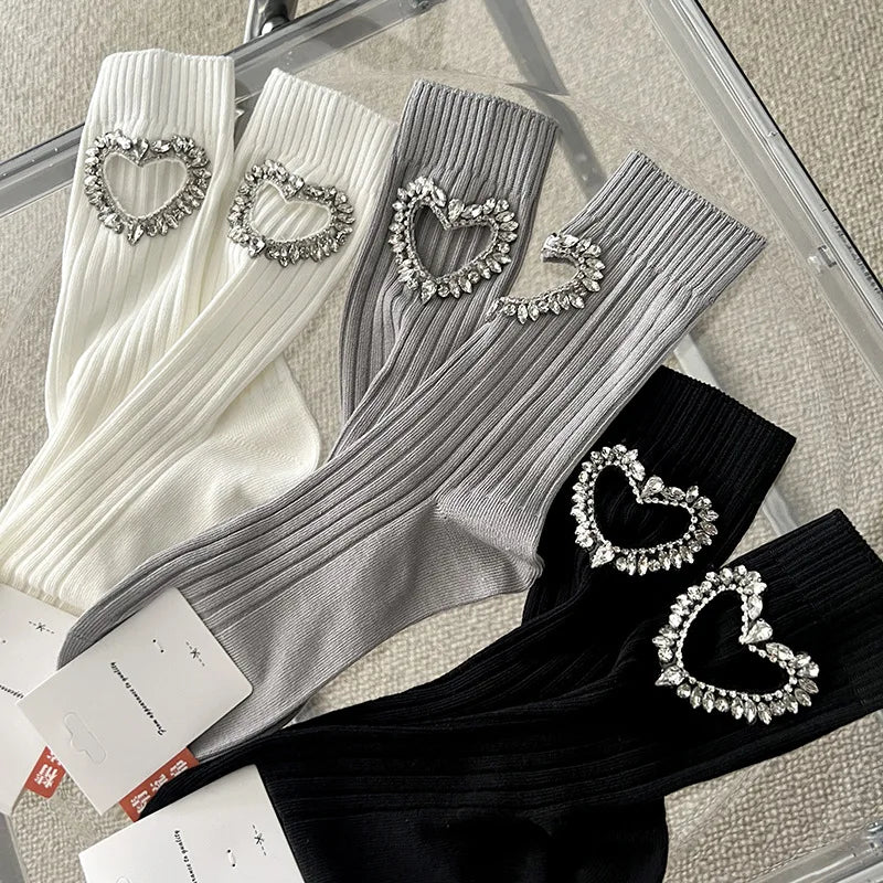 Autumn Luxury Glitter Diamond Hollow Heart Mid-Tube Cotton Socks for Women Breathable Daily Use Knitted Stockings Spring