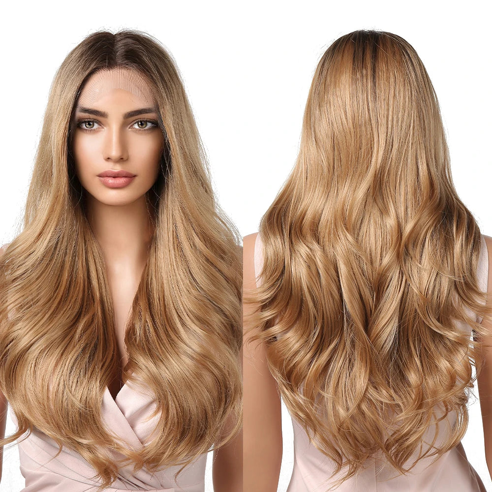 Japan Future Fiber Synthetic Lace Front Wig Ombre Brown Wigs Long Water Wave Wig Women Party Dresses High Density Fiber Hair