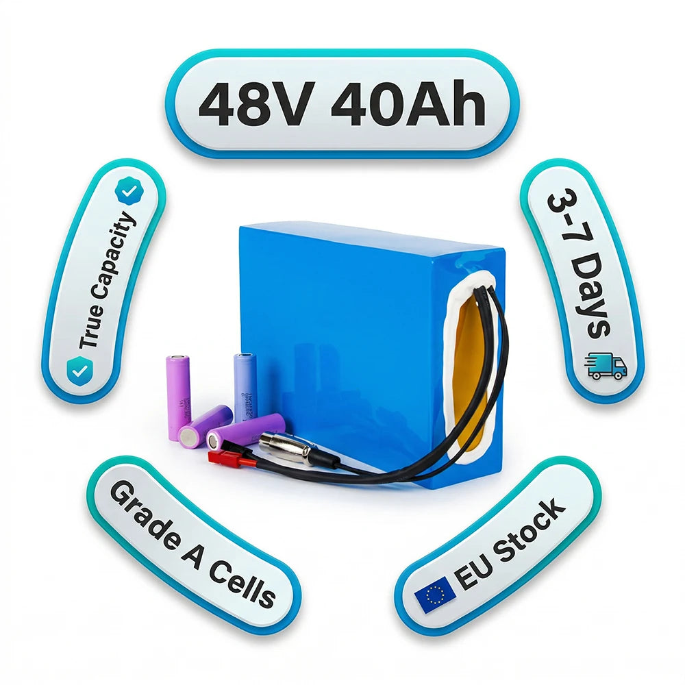 DE Stock 48V40Ah Blue PVC Prismatic Lithium Battery for E-Bikes Cargo Trikes 13s1p 40Ah Cells & 60A BMS with 4A XT60 Plug