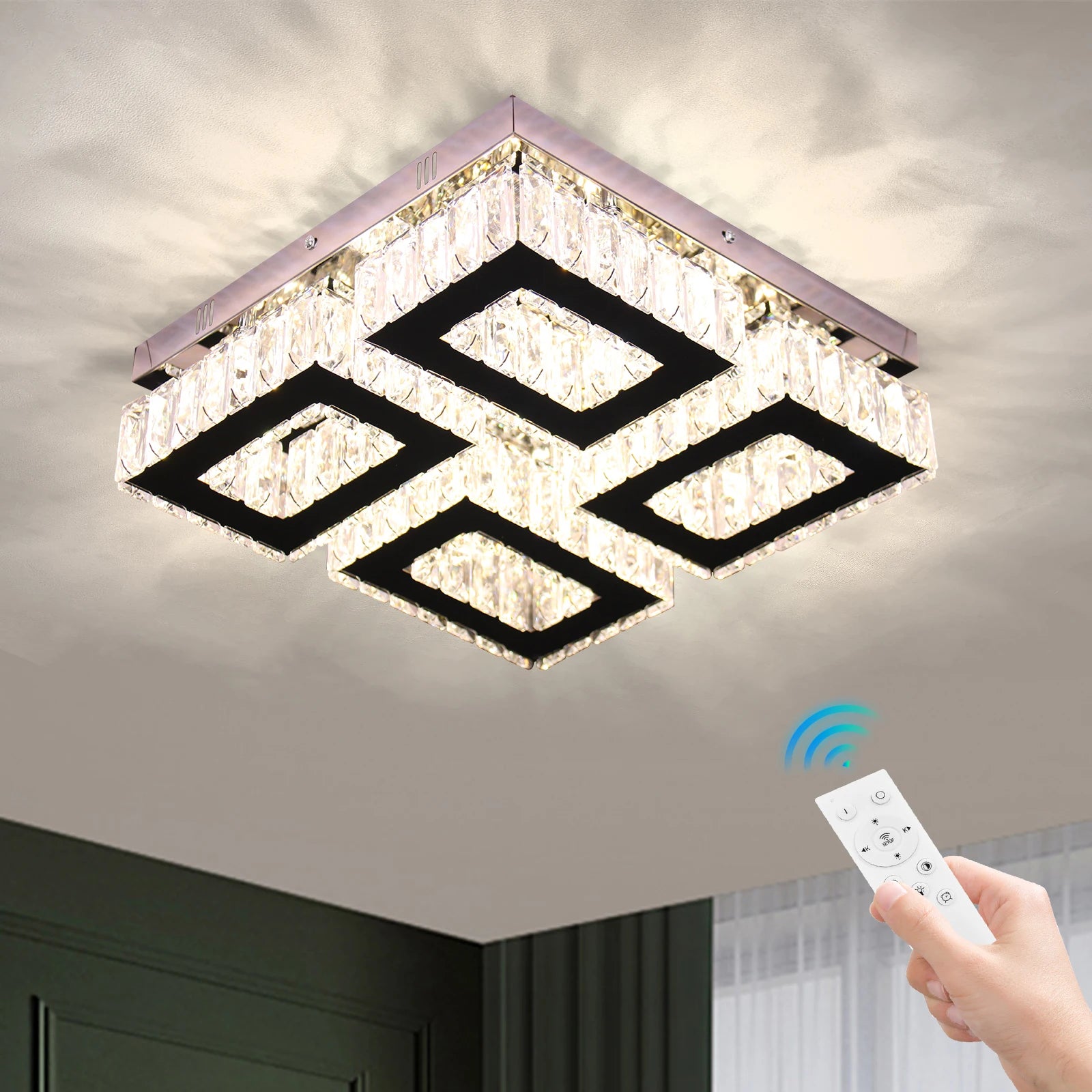 Square Crystal LED Ceiling Light with Remote Control Middle Sized Lamp for Living Room and Bedroom Home Use
