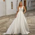 Deep V-Neck Sleeveless Wedding Dresses Women Pleats A-Line Simple Button Satin Train Bride Gowns
