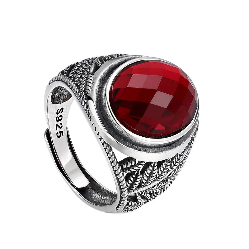 BOCAI New Retro Trendy Personalized Jewelry Red Zircon Diamond Beautiful Valentine's Day Gift Wholesale S925 Silver Man Ring