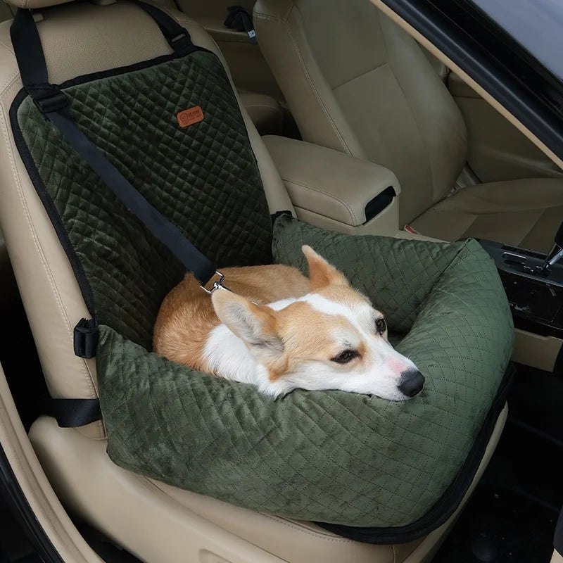Adjustable Small Dog & Cat Car Seat Winter Solid Pattern Travel Bed with Safety Belt and Leash Removable Washable for Pets
