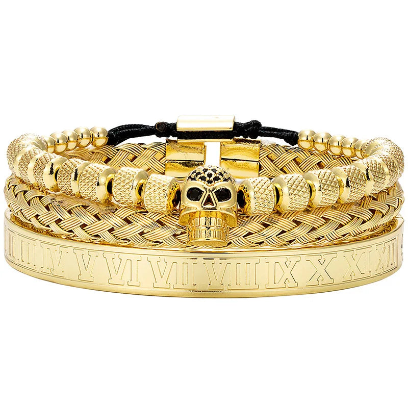Wholesale Hot Handmade Men's Micro Pave CZ Skeleton Skull Roman Numeral Bracelet Gold Stainless Steel Bangle Hemp Rope Zircon