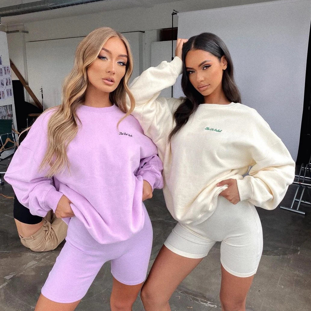 Crewneck Sweatshirt Summer 2 Piece Set Women Oversize Sweatsuit Custom Embroidery Logo Sweatsuit Set Women