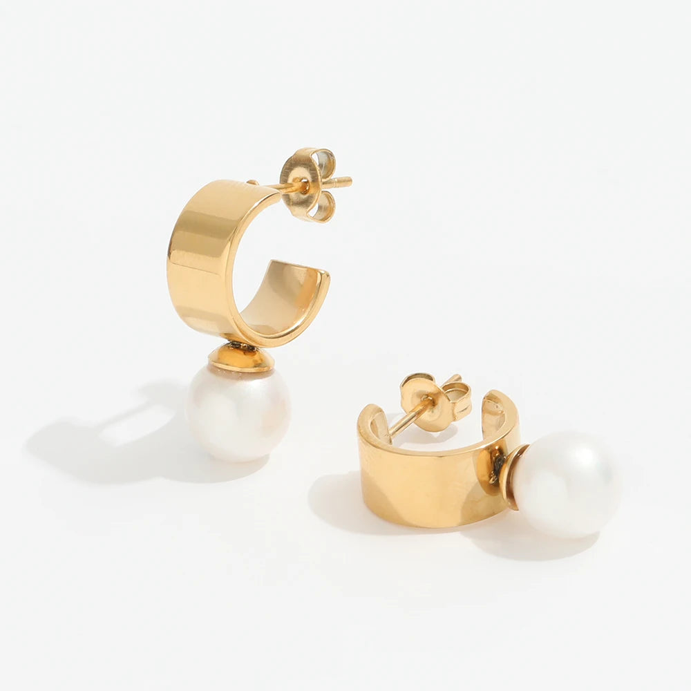 Joolim High End 18K Gold Plated Pearl C Hoop Earrings Stainless Steel Jewelry for Women Wholesale