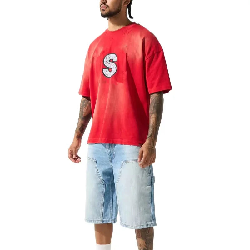 KY Custom Streetwear Heavy Oversize Tee 100% Cotton Vintage Washed Homme T-shirt with Printed Pattern