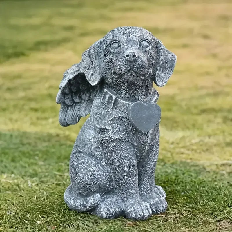 Resin Heart Collar Angel Dog Statue Winged Detail & Textured Design Hand-painted Garden Decorative Pet Memorial Accent