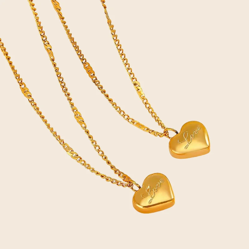 Fashionable 18K Gold Plated Stainless Steel Link Chain Heart Pendant Necklace Anniversary Gift Statement Special Gift with Love