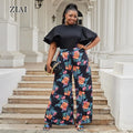 Printed Short-sleeved Two-piece Temperament Top Straight-leg Wide-leg Pants Two-piece Set