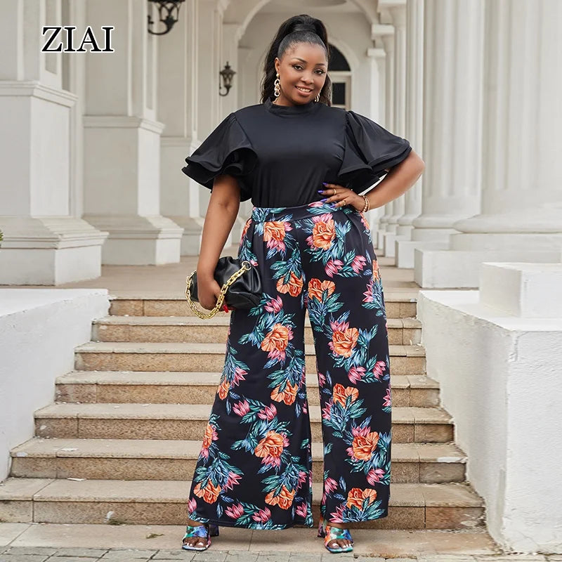 Printed Short-sleeved Two-piece Temperament Top Straight-leg Wide-leg Pants Two-piece Set