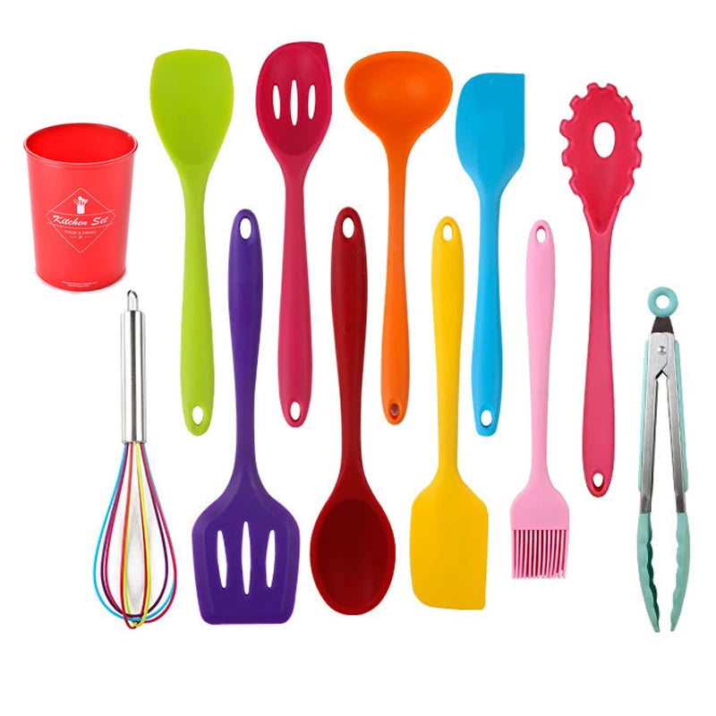 Premium Solid Silicone Coating Kitchen Utensil Set 10 Piece Colorful Silicone Kitchen Cooking Utensil Set