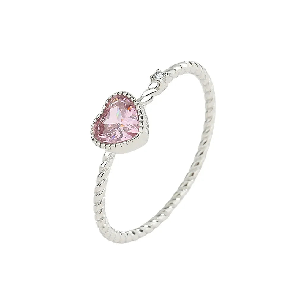 Japan and South Korea Minimalist S925 Sterling Silver love pink Twist Rope Twist Crystal Lady Ring Ins Cold Wind Food Ring