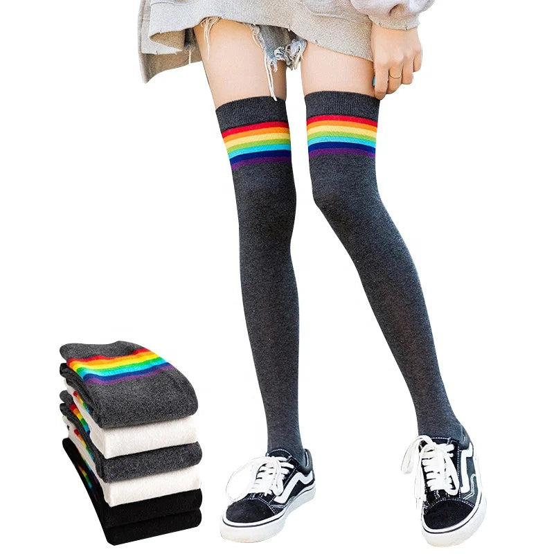 Wholesale Rainbow Striped White Long Tube Socks Cotton Knee High Over the Knee Socks for Women