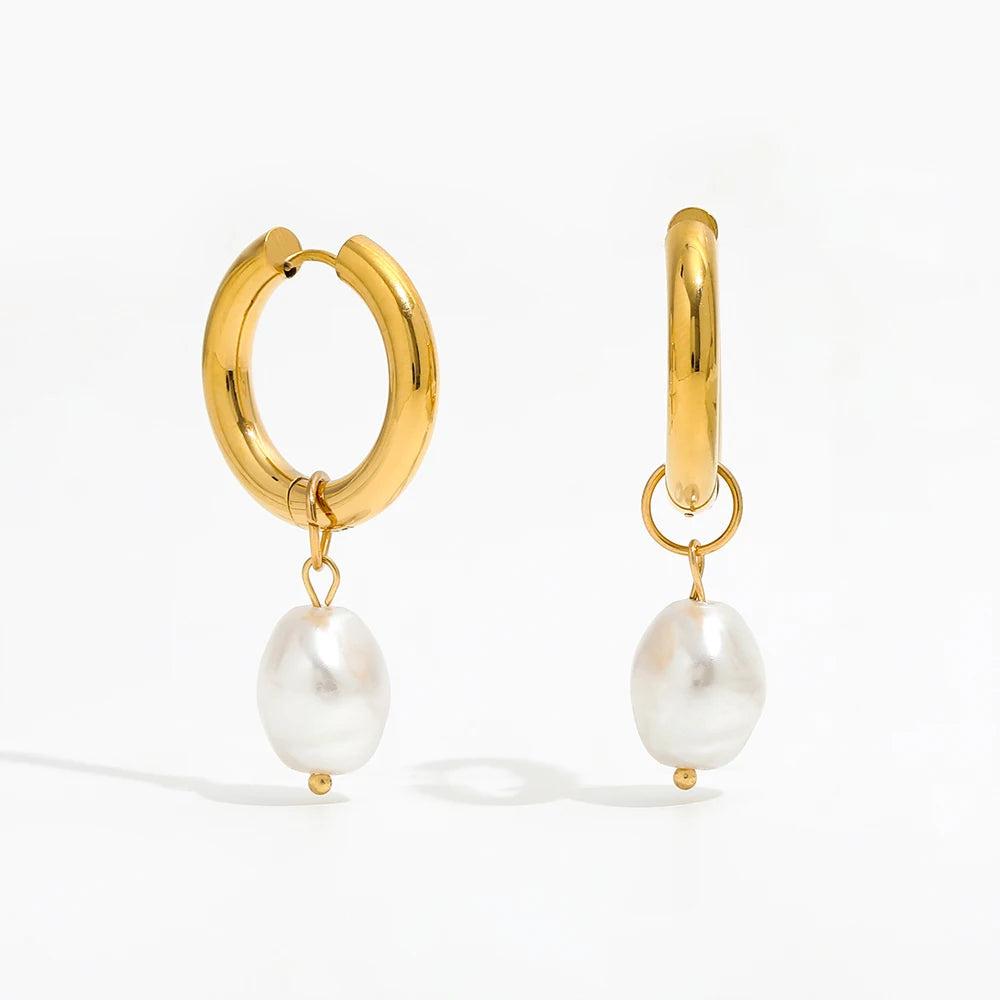 18K Gold Plated Pearl  Hoop Earrings for Women Stainless Steel Wholesale 2022 Trendy Jewelry