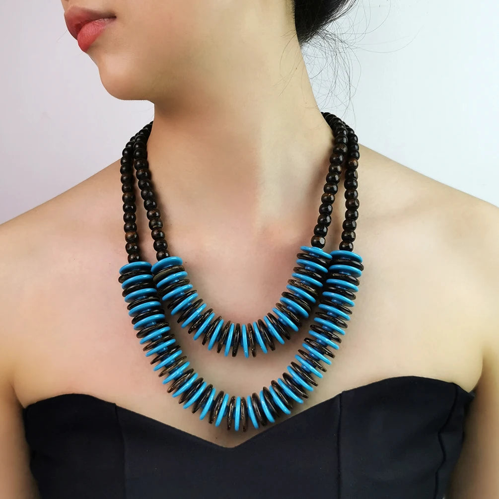 Fashion Tourism Accessories Charm Handmade Wooden Beads Necklace Bohemian Ethnic Retro Coconut Shell Double Chain Necklaces