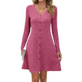 RNSHANGER Fashion Solid Ribbed Knitted Mini Dress Women Button Long Sleeve a Line Dresses Autumn Lady Streetwear Robe Dress
